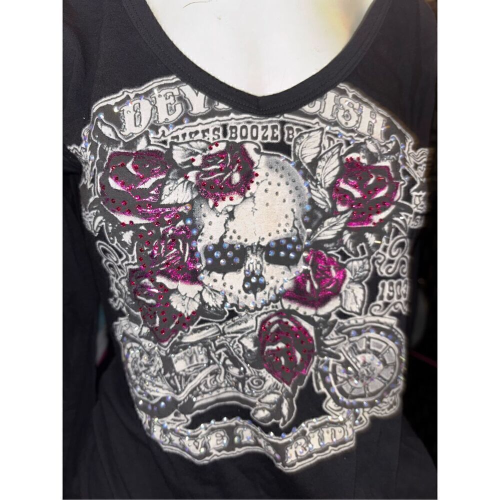 Live To Ride Liberty Wear Slashed Foil and Rhinestone Top - Picture 2 of 5